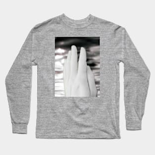 Digital collage and special processing. Hand near soft light. Soft and calm. To exist. Almost grayscale, pale. Long Sleeve T-Shirt